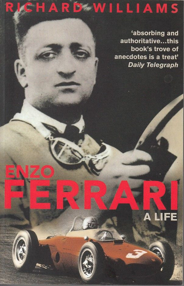 Enzo Ferrari biography book cover with portrait and red sports car