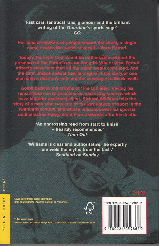Enzo Ferrari biography book back cover with printed text, barcode, and ISBN