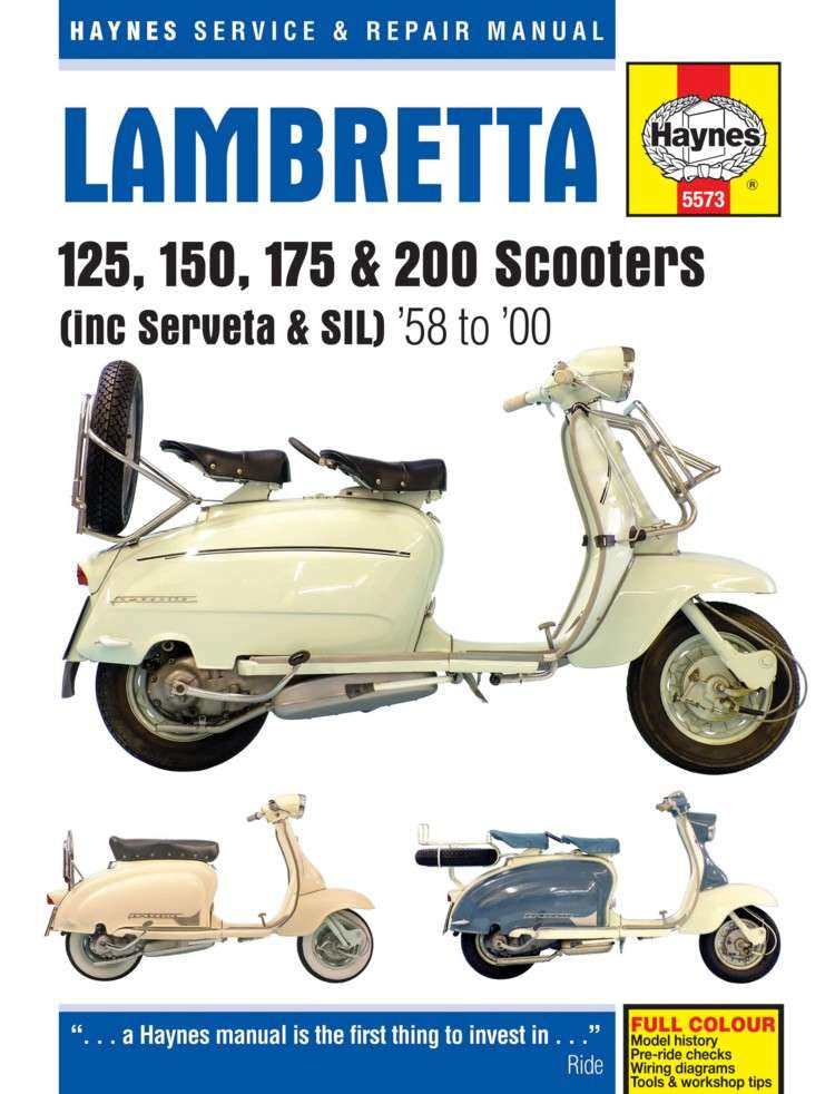 Lambretta workshop manual with scooter cover art and Haynes branding