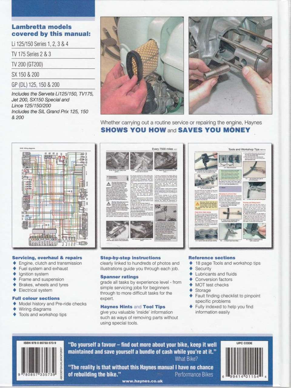 Lambretta scooter service manual pages with diagrams and repair photos