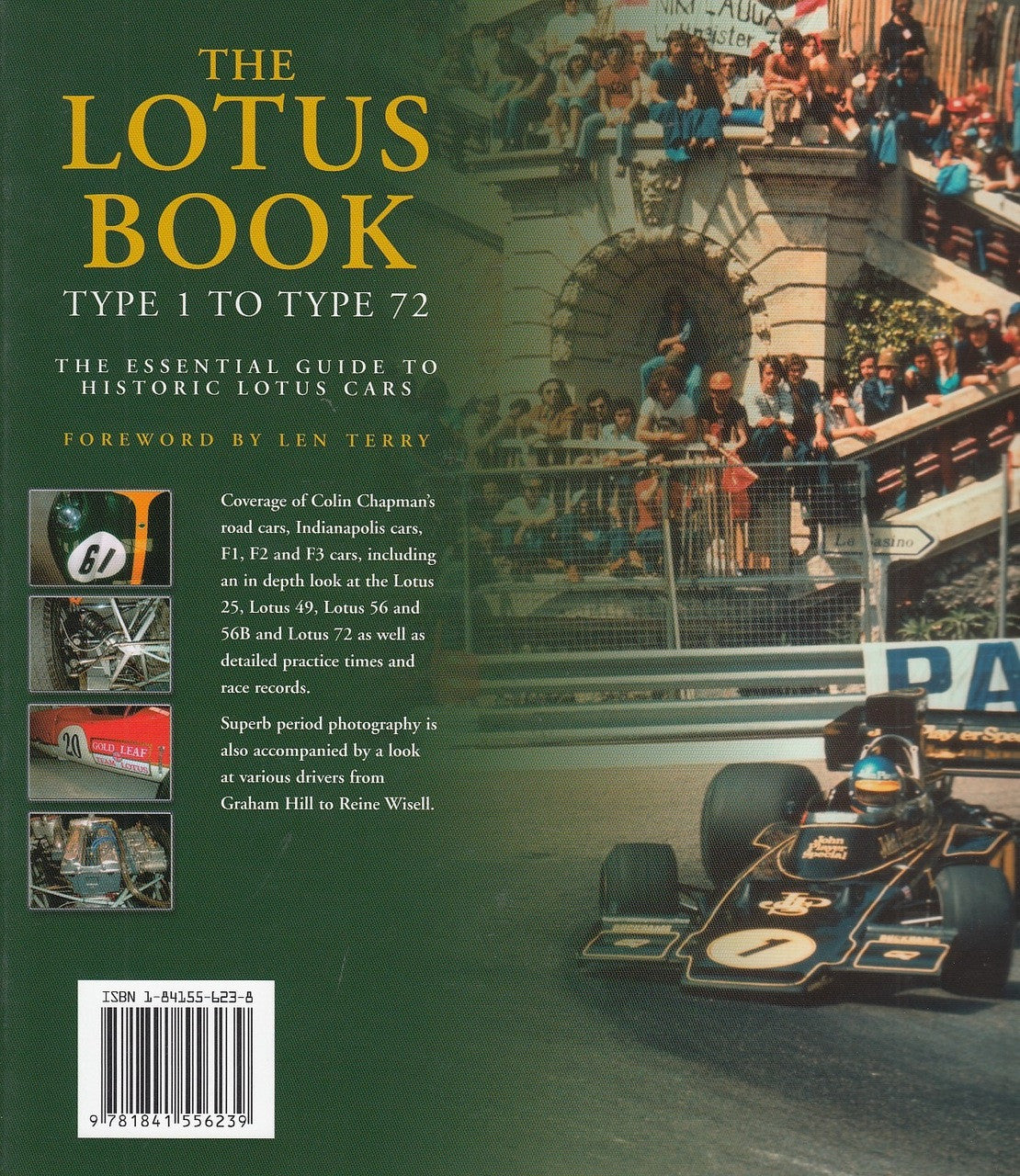 Lotus Book hardcover with green cover, title and vintage race car photo