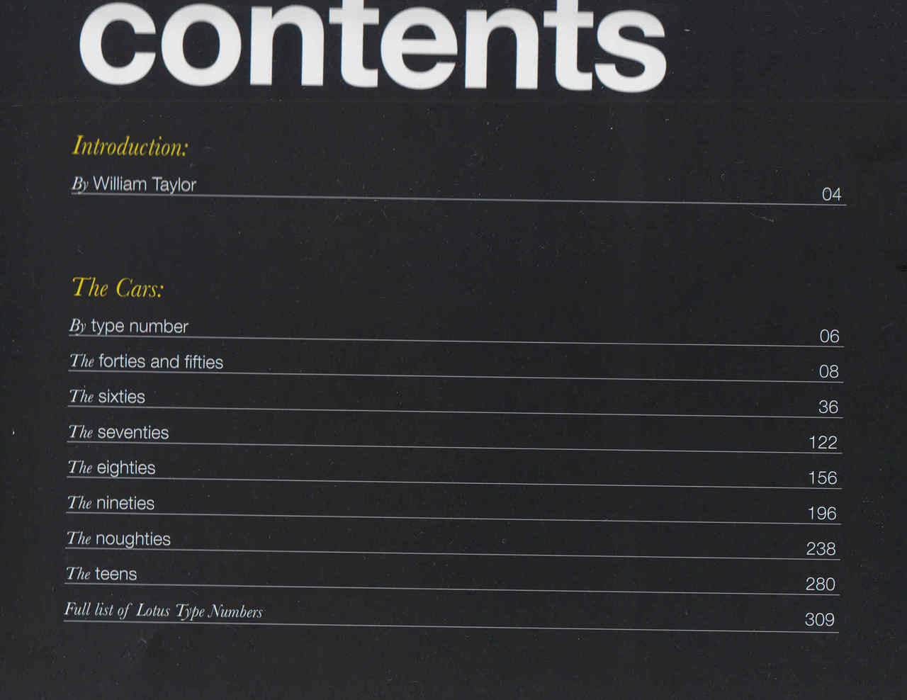 Hardcover book contents page with sections and page numbers