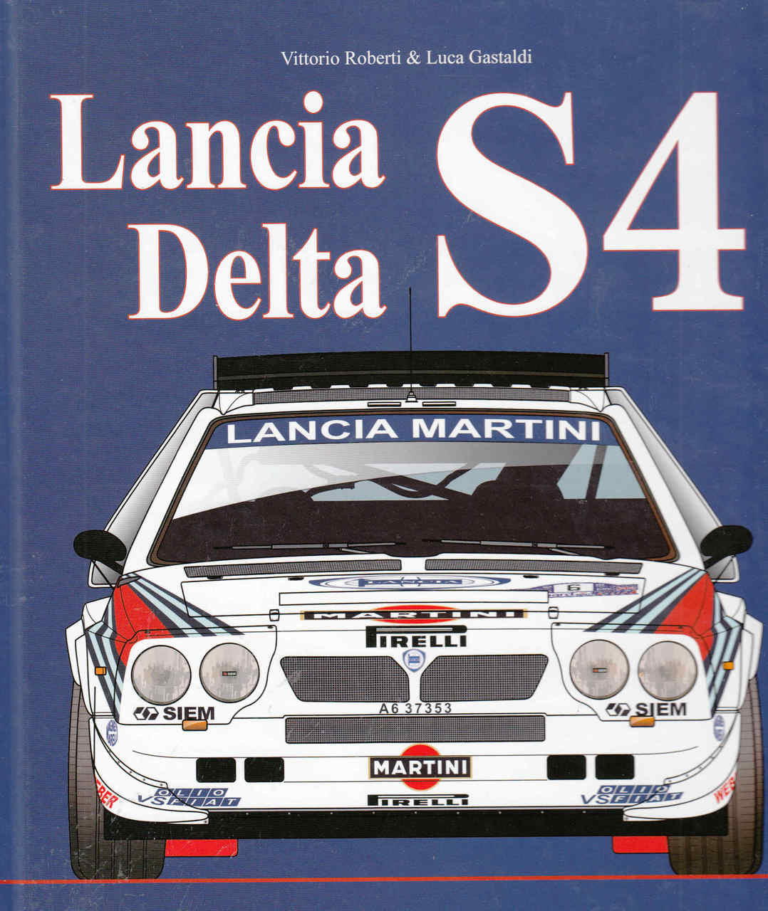 Rally car front view on book cover with sponsor decals and Martini livery