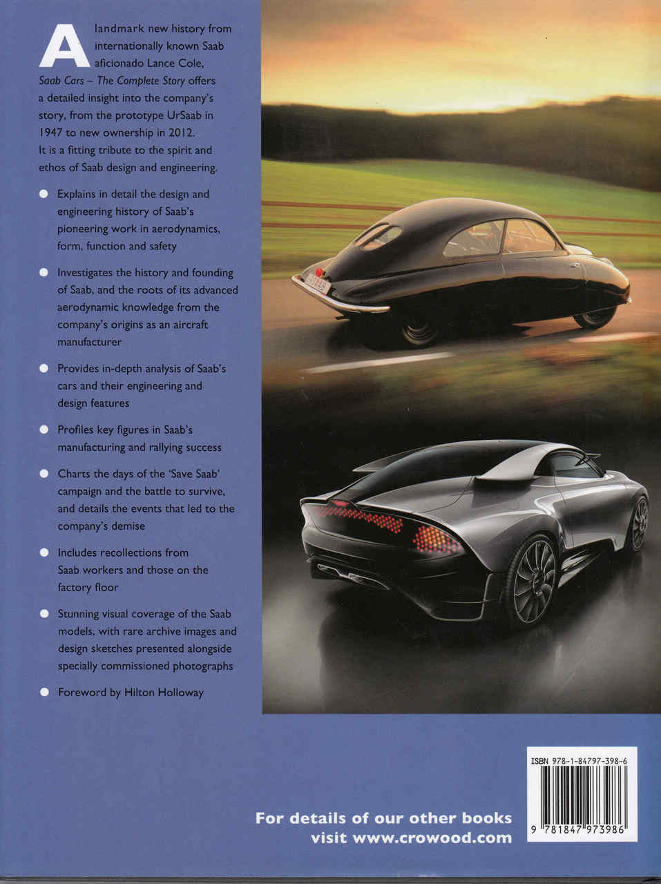 Saab Cars The Complete Story back cover with two car photos and blurb text