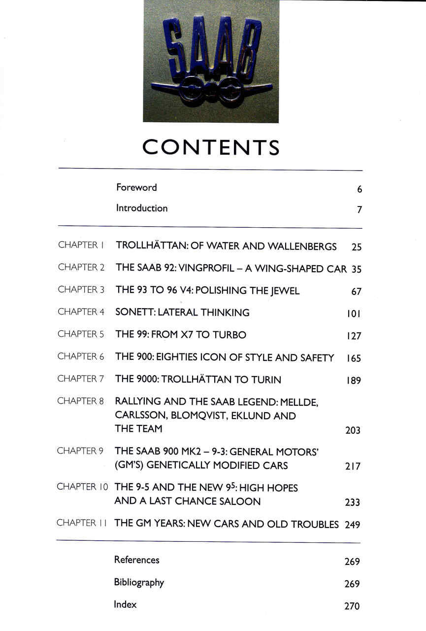 Saab Cars The Complete Story contents page with chapter list and page numbers