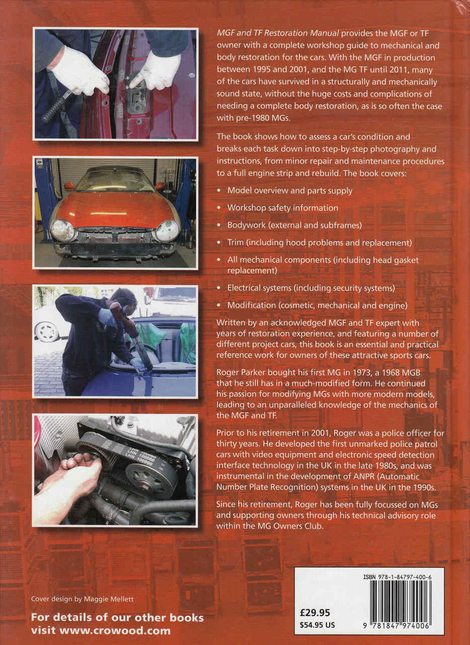 Restoration manual back cover with car photos and feature bullet points.