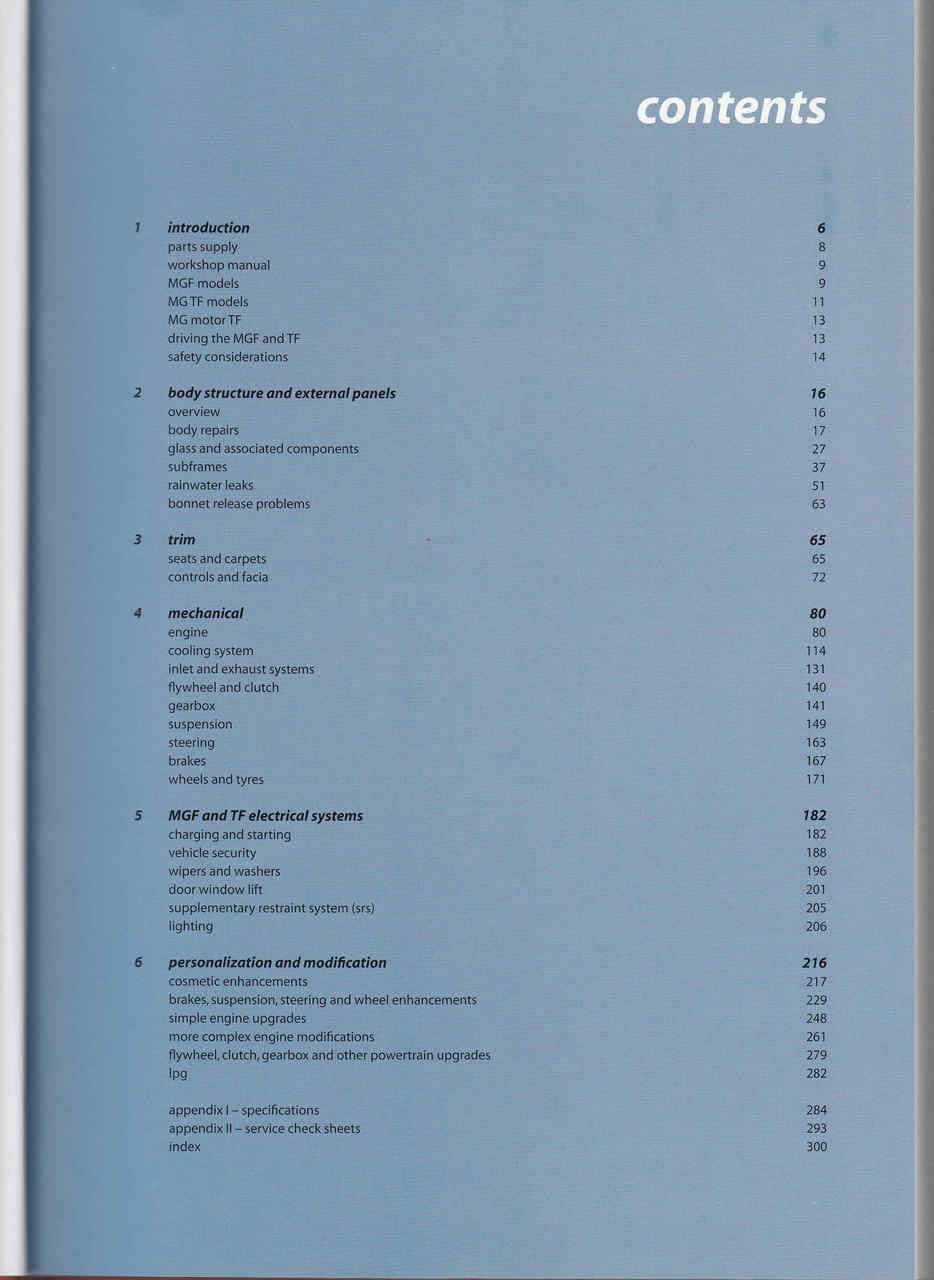 Auto restoration manual contents page, listing sections and page numbers.