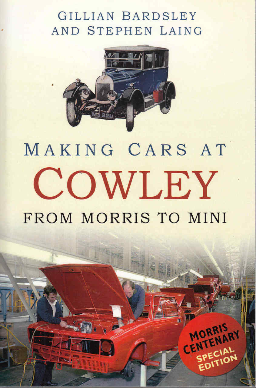 Book cover with title text and red classic car in an industrial workshop