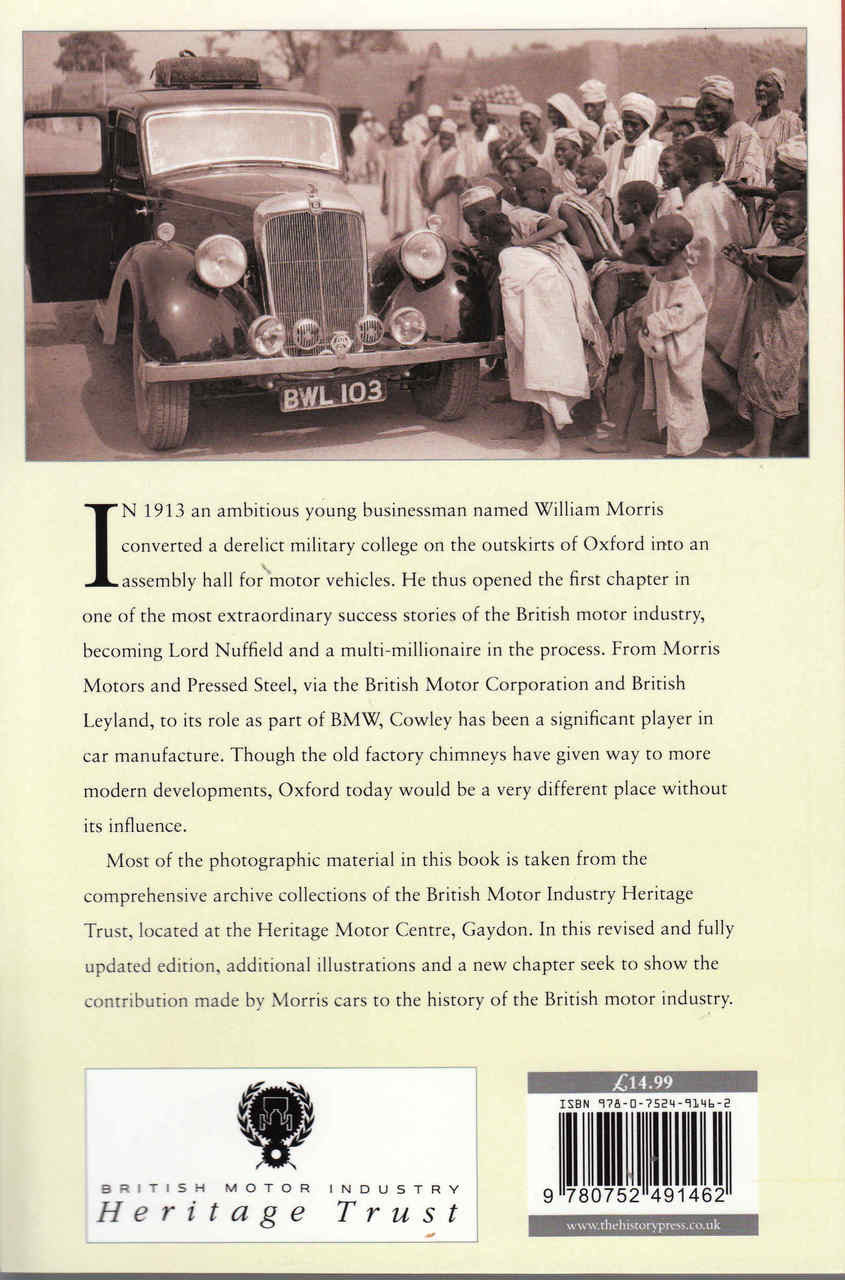 Historical book page with vintage car photo, crowd scene, and publisher logo