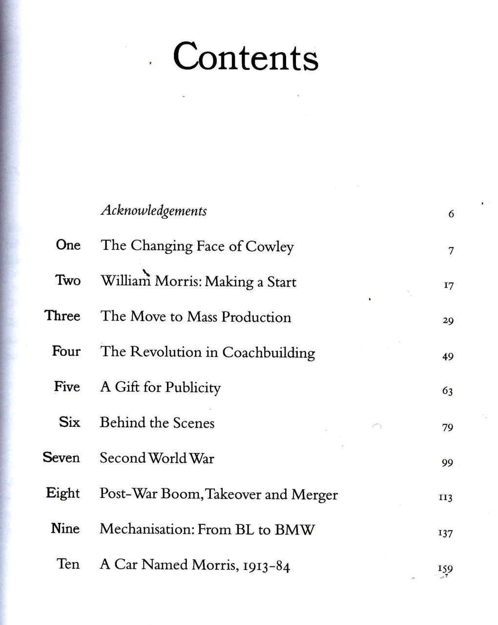 Book contents page with section list and page numbers