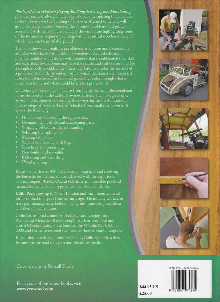 Wooden-bodied vehicles book back cover with text, vehicle photos, and barcode