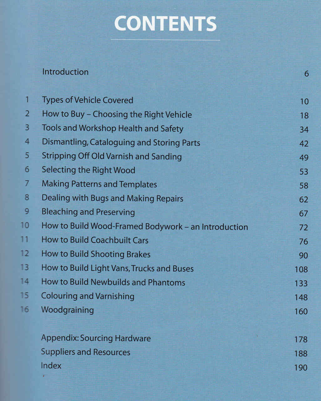Wooden-bodied vehicles book contents page with section titles and page numbers