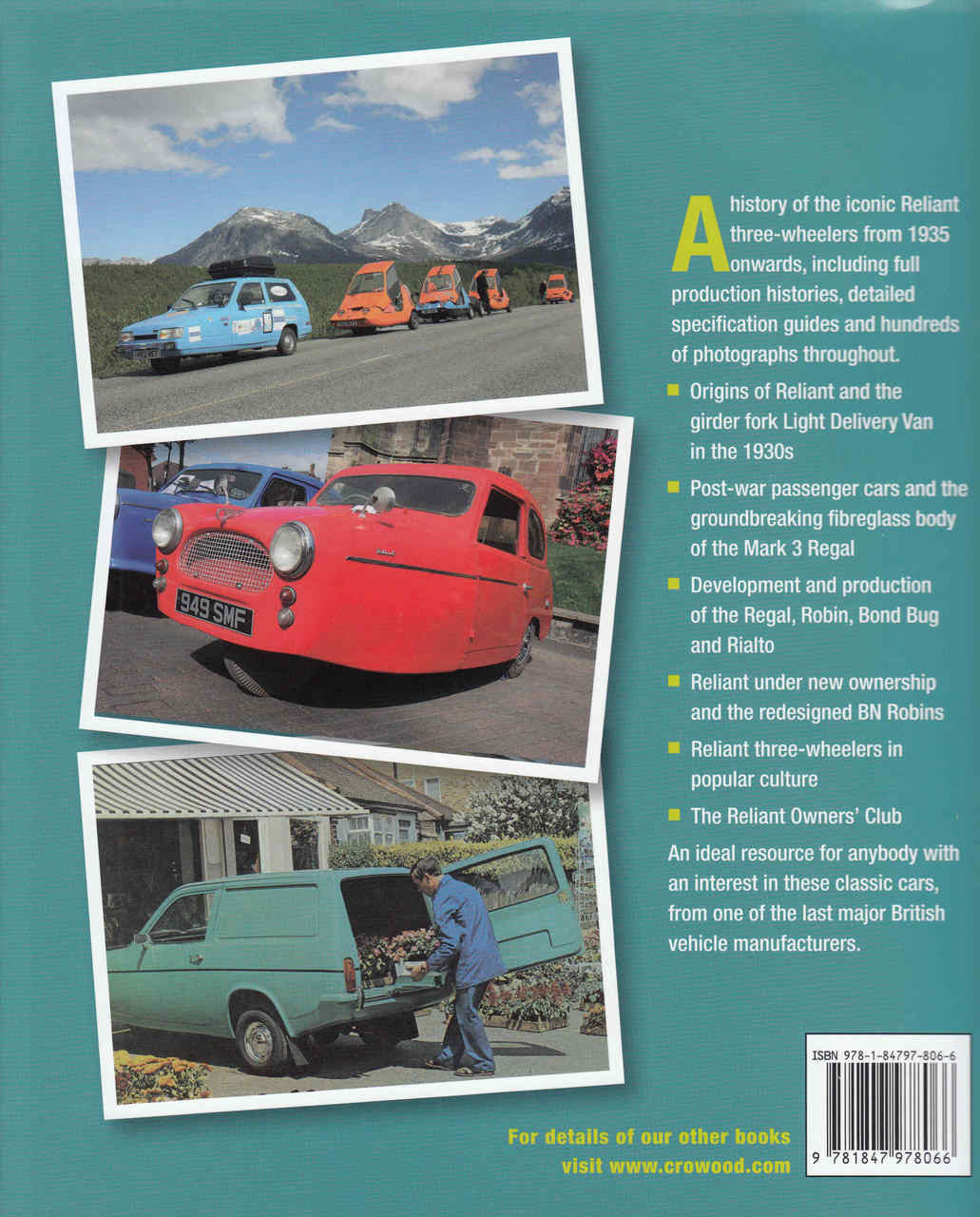 Reliant Three-Wheelers book back cover with car photos and production notes