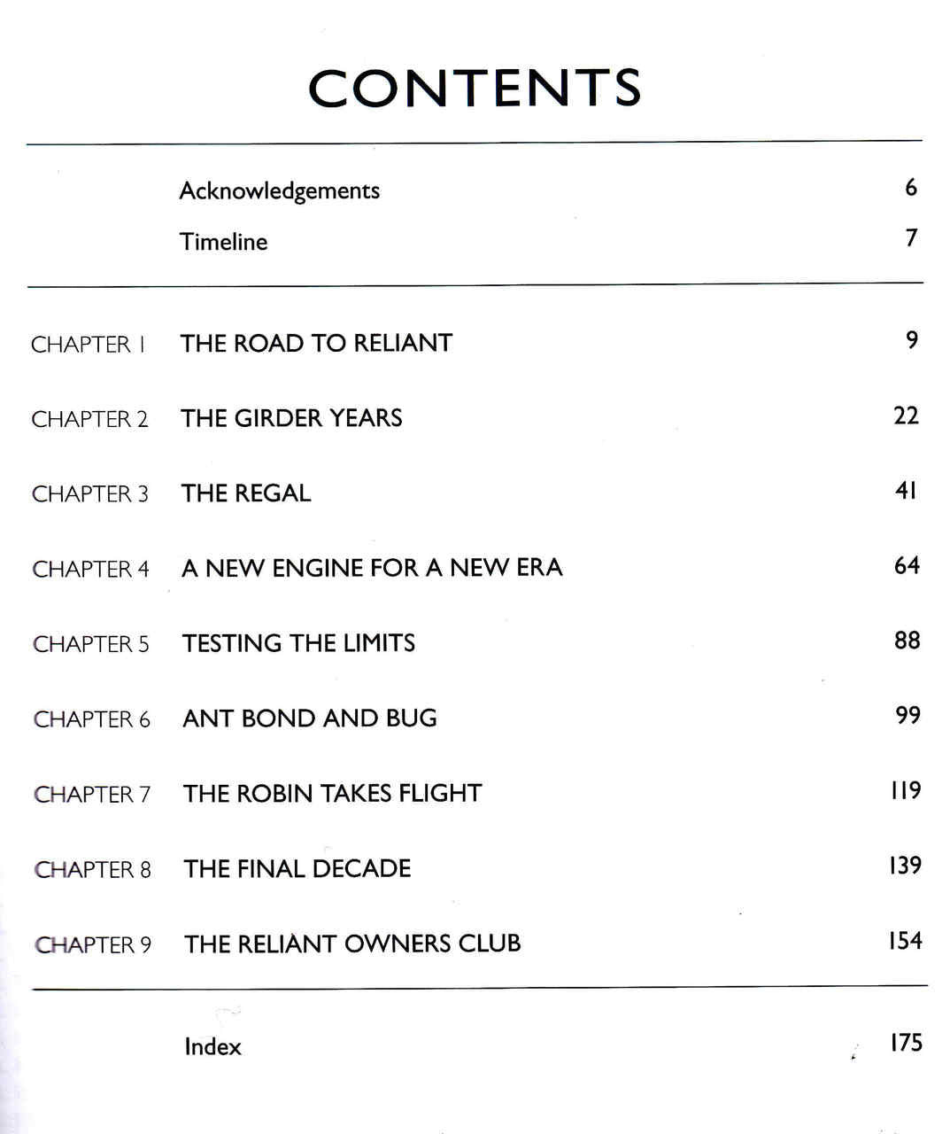 Reliant Three-Wheelers: The Complete Story book contents page with chapter list