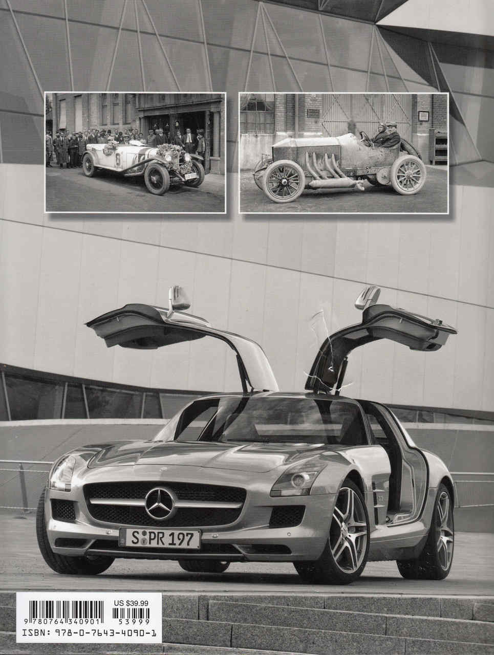 Open book spread showing a white Mercedes-Benz supercar front view with doors open