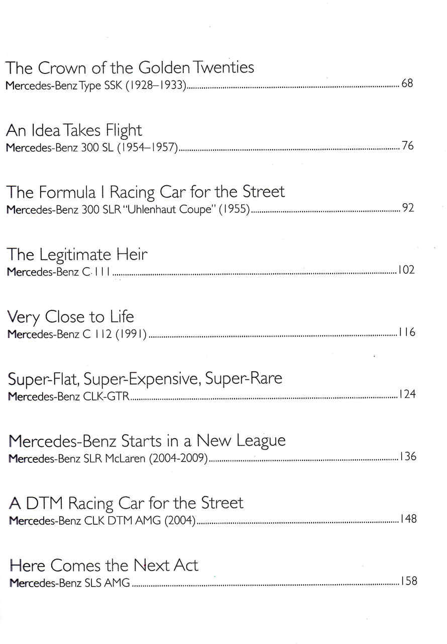 Book contents page listing chapter titles and page numbers for Mercedes-Benz supercars