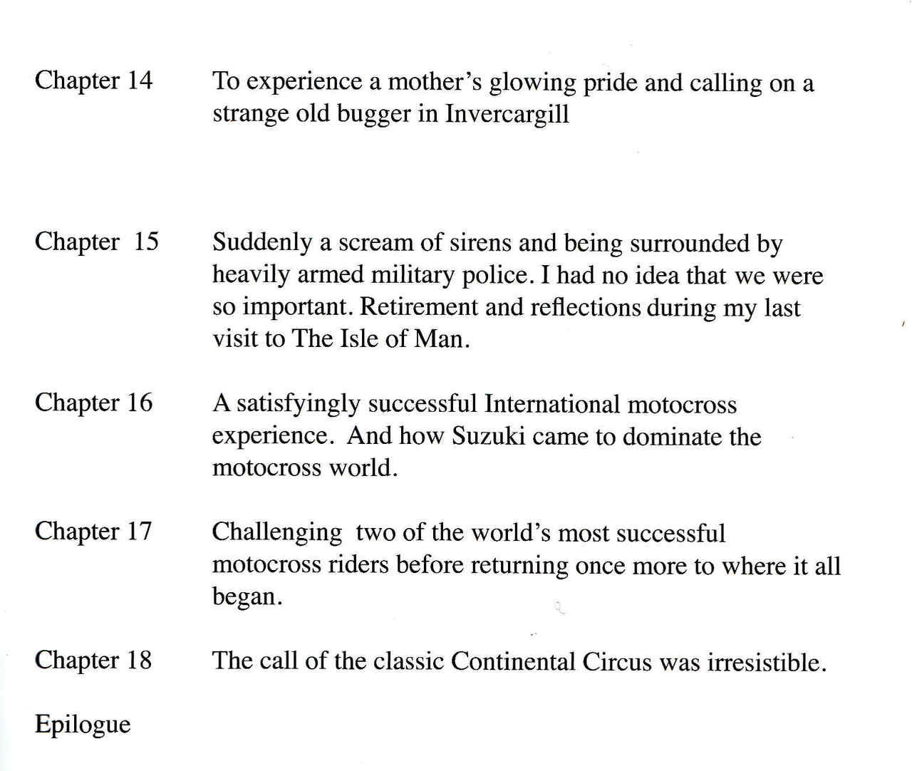 Book contents page listing chapters 14–18 and epilogue