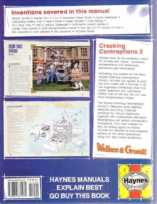 Wallace & Gromit manual, open spread with diagrams and article text blocks