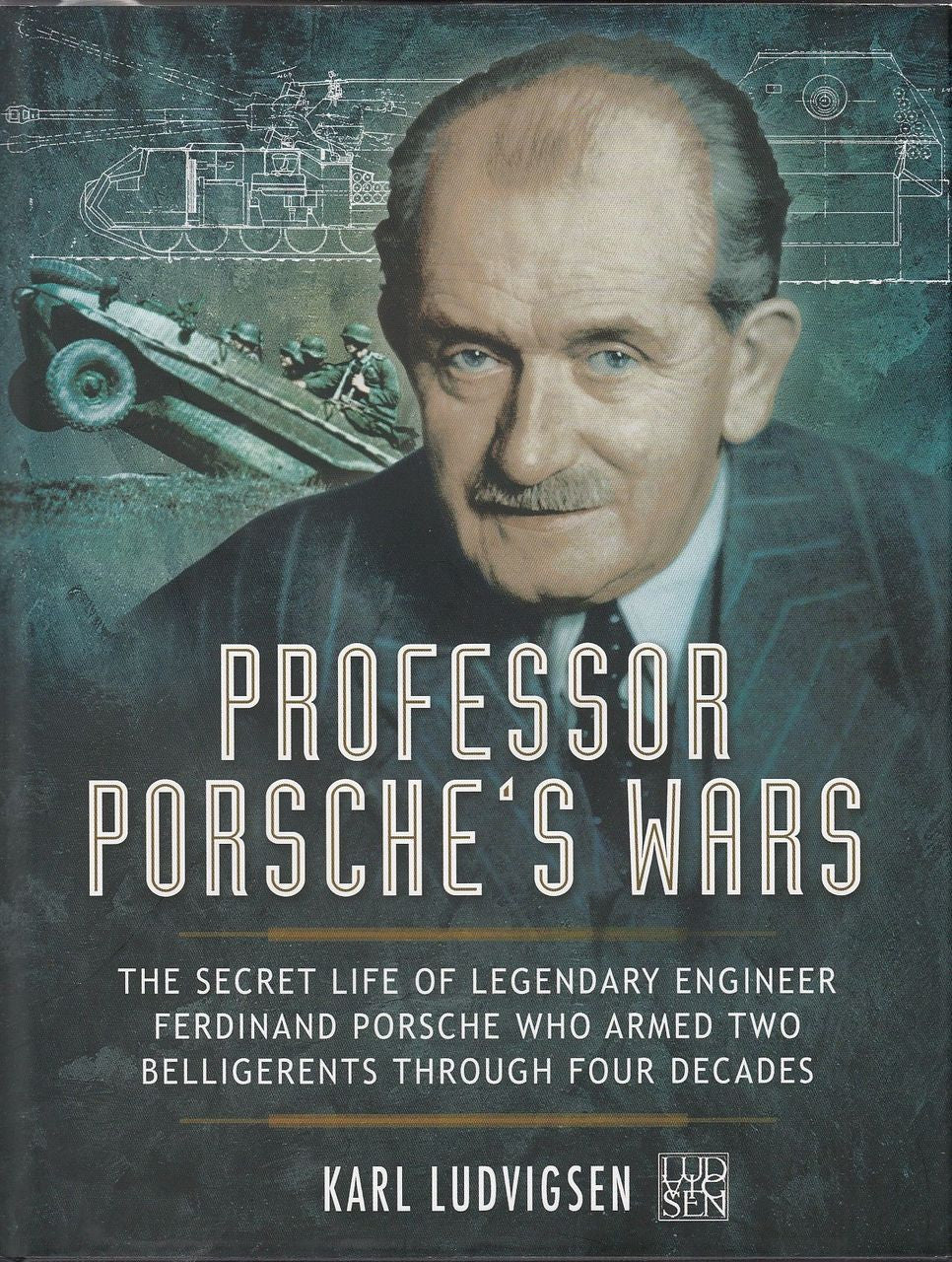 Book cover with portrait of Ferdinand Porsche, title lettering, and blueprint-style background