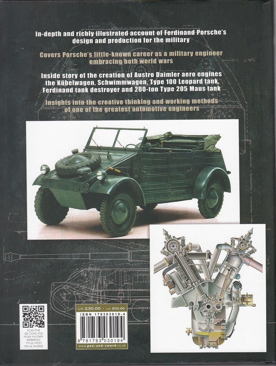 Back cover of car history book with green vintage vehicle, engine diagrams, QR code