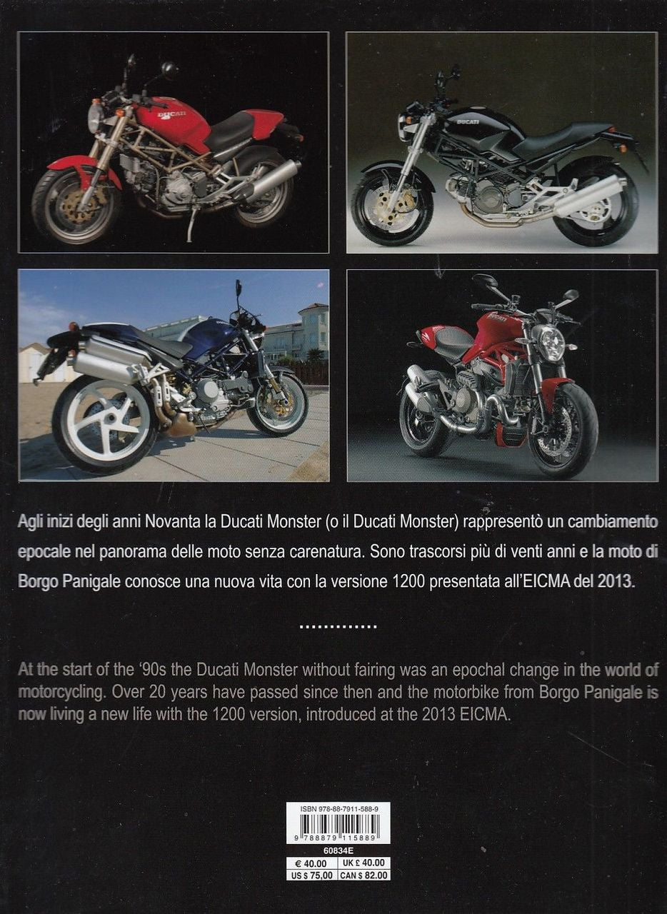 Ducati Monster 20th Anniversary motorcycle with red tank and black seat, side view