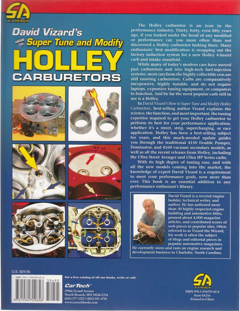 Carburetor tuning book back cover with Holley carburetor photos and chapter summary text.