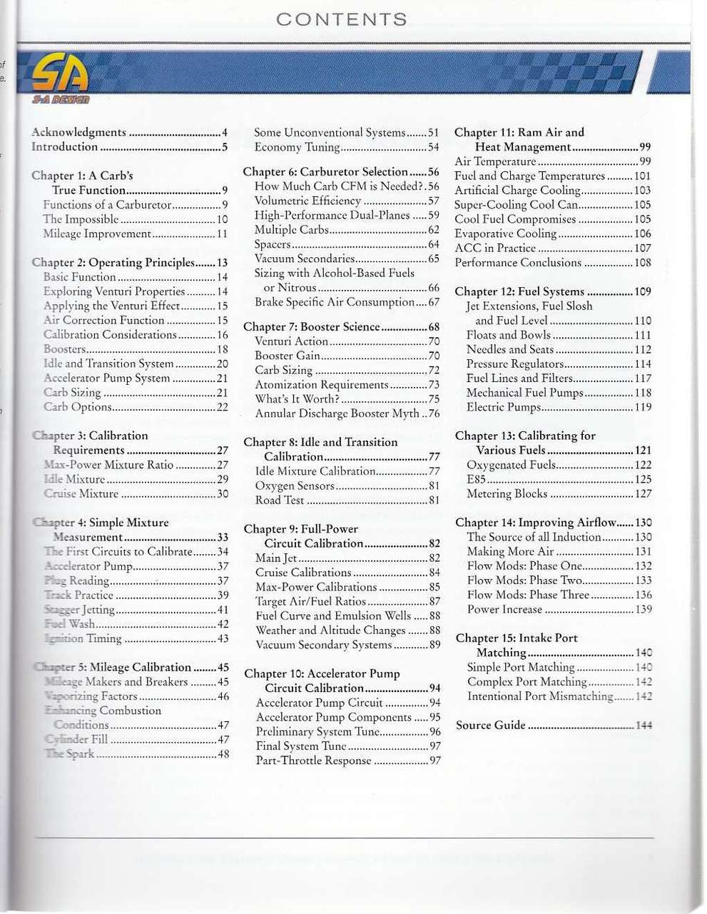 Automotive carburetor tuning book contents page with chapter list and headings.