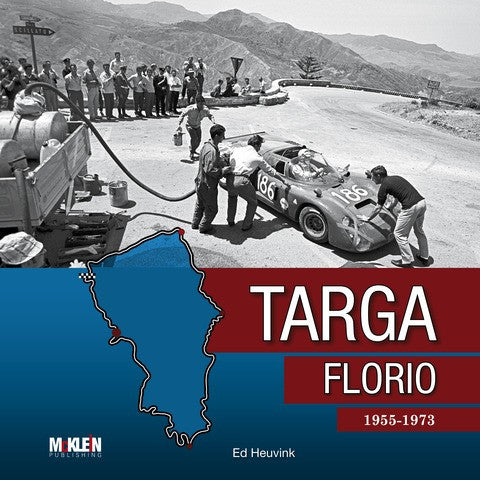 Motorsport book front cover with grayscale race photo, blue map, TARGA FLORIO title