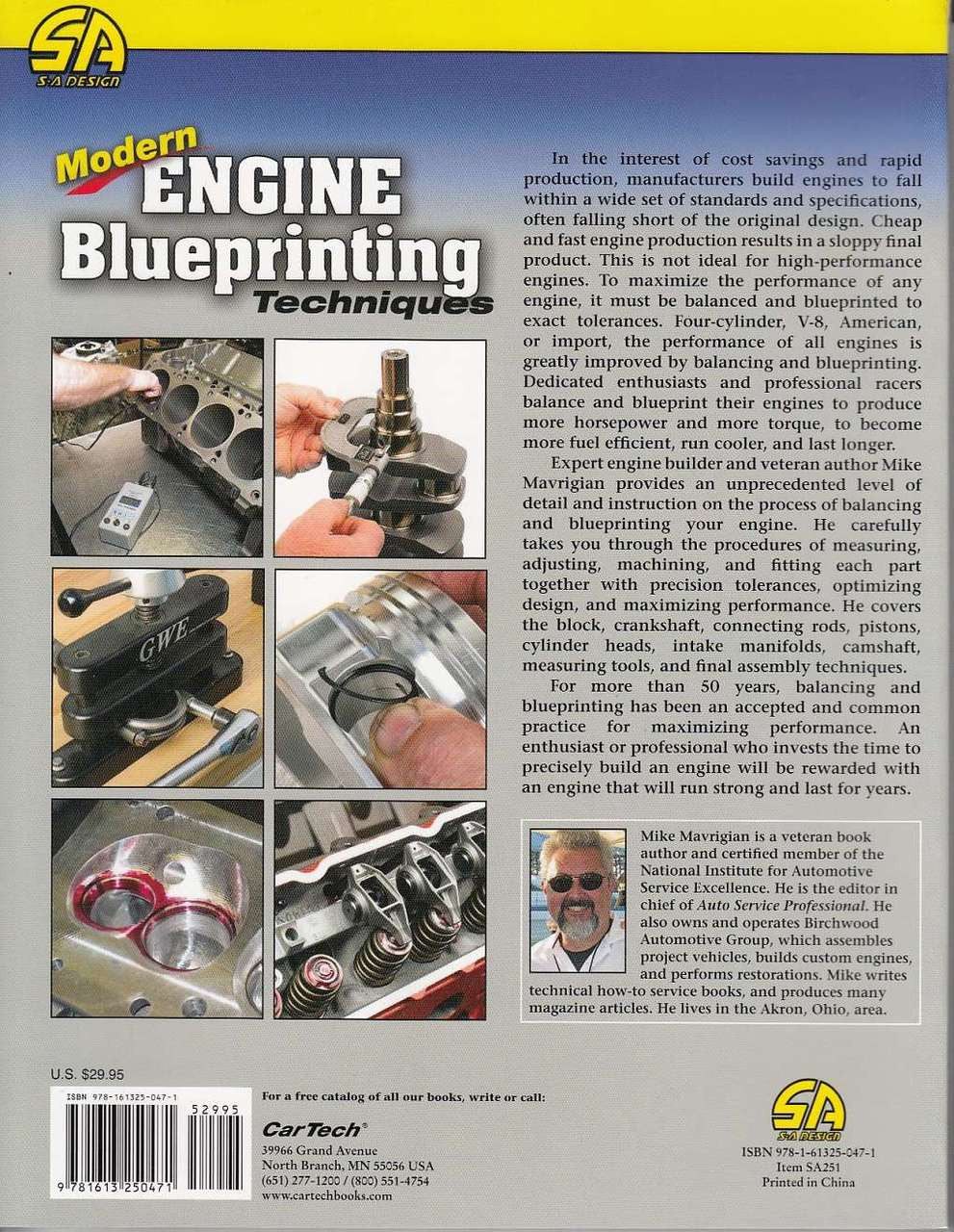 Automotive engine blueprinting book cover with engine parts collage and yellow title