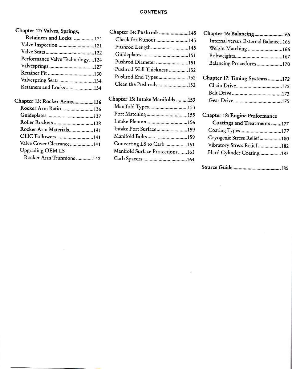 Automotive engine blueprinting guide contents page with chapters on valves, pistons, cams