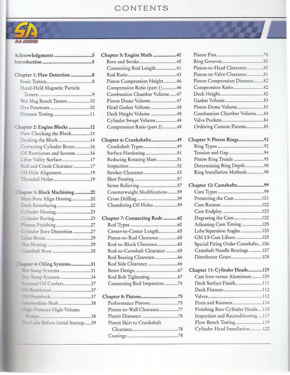 Automotive engine blueprinting guide contents page with chapter list and page numbers