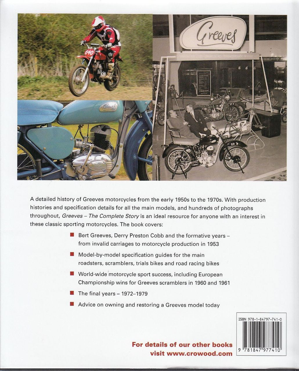 Greeves The Complete Story motorcycle history book, collage of classic bikes on back cover