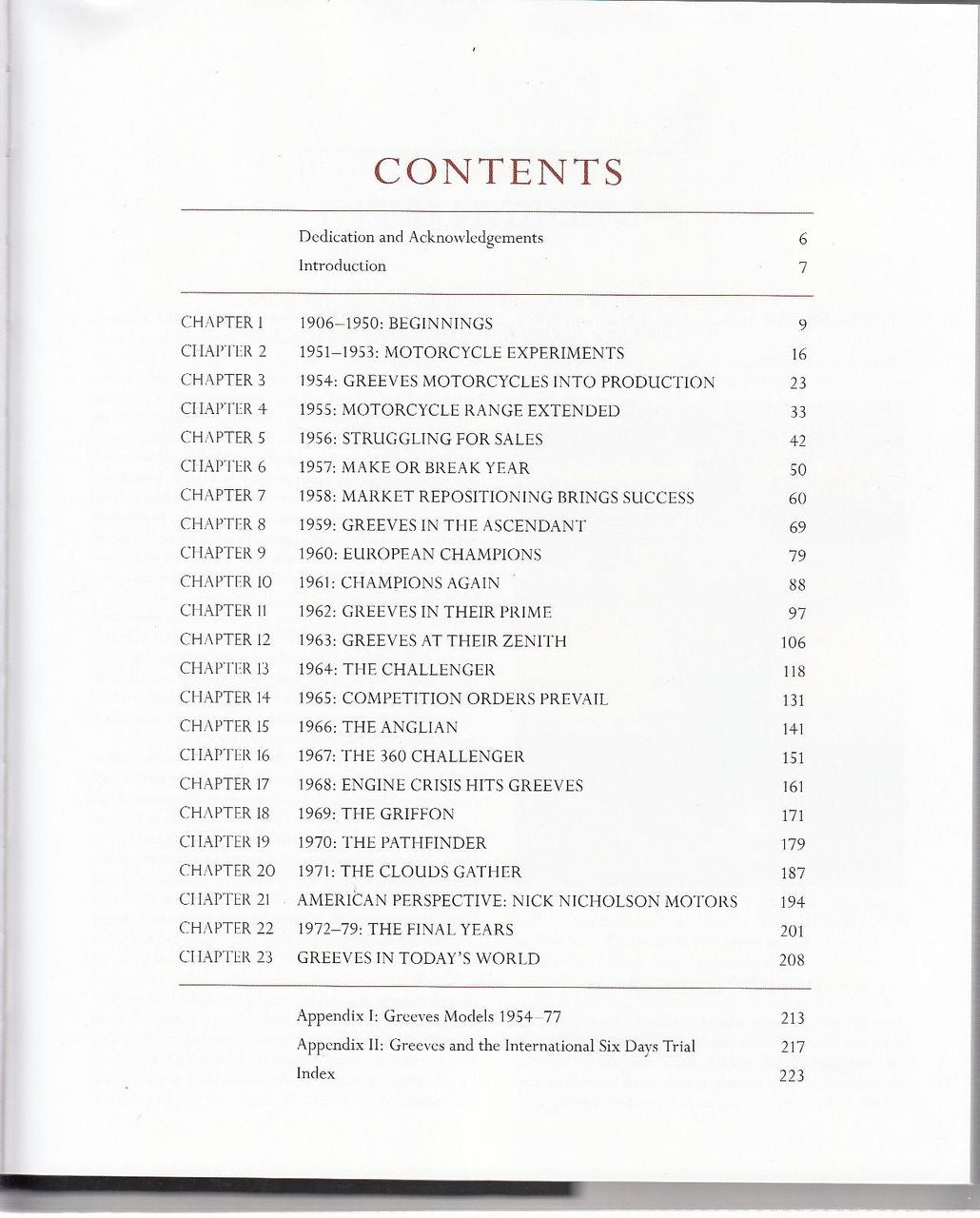 Greeves The Complete Story book contents page titled CONTENTS