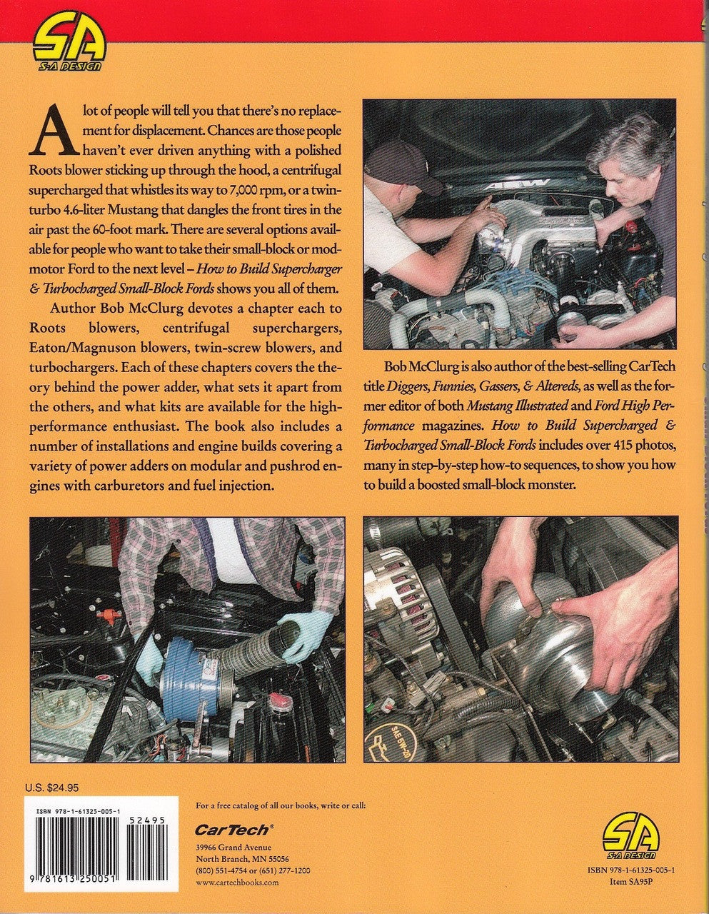 Automotive how-to book spread with engine photos and author bio pages