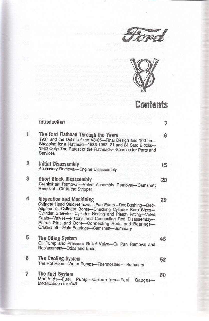Auto repair manual contents page with Ford logo and chapter list