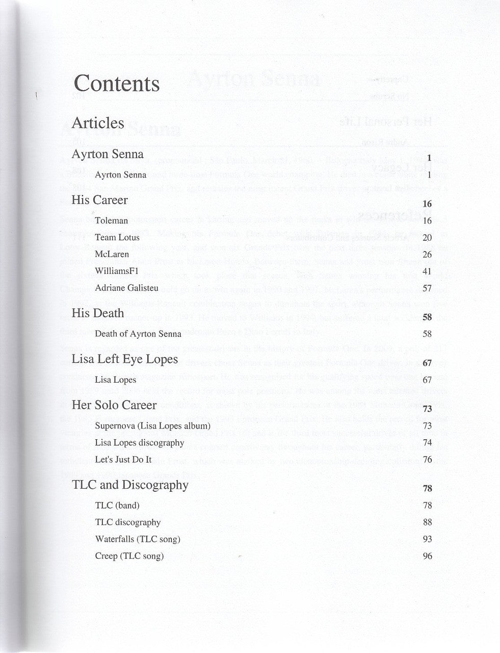 Book contents page with article list and page numbers