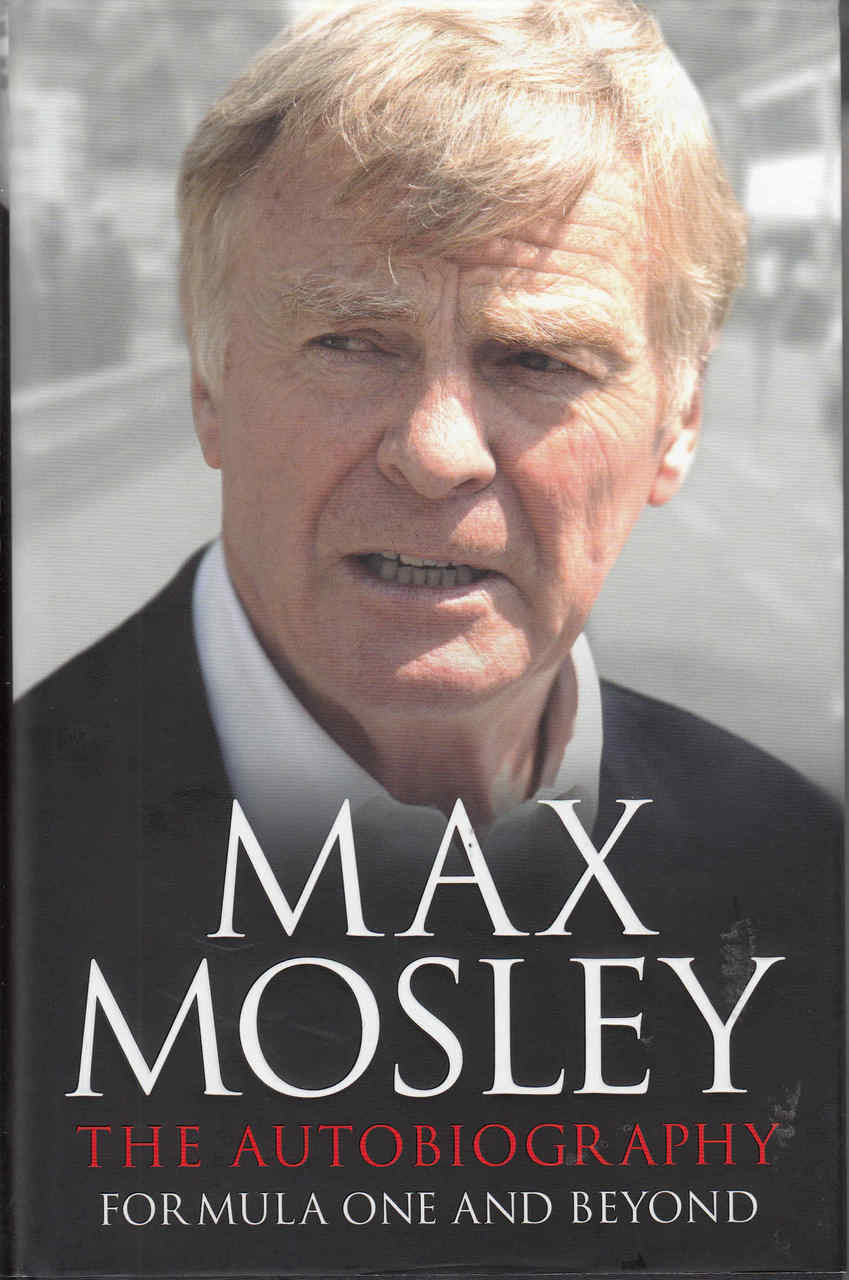 Autobiography book front cover with Max Mosley portrait and title lettering