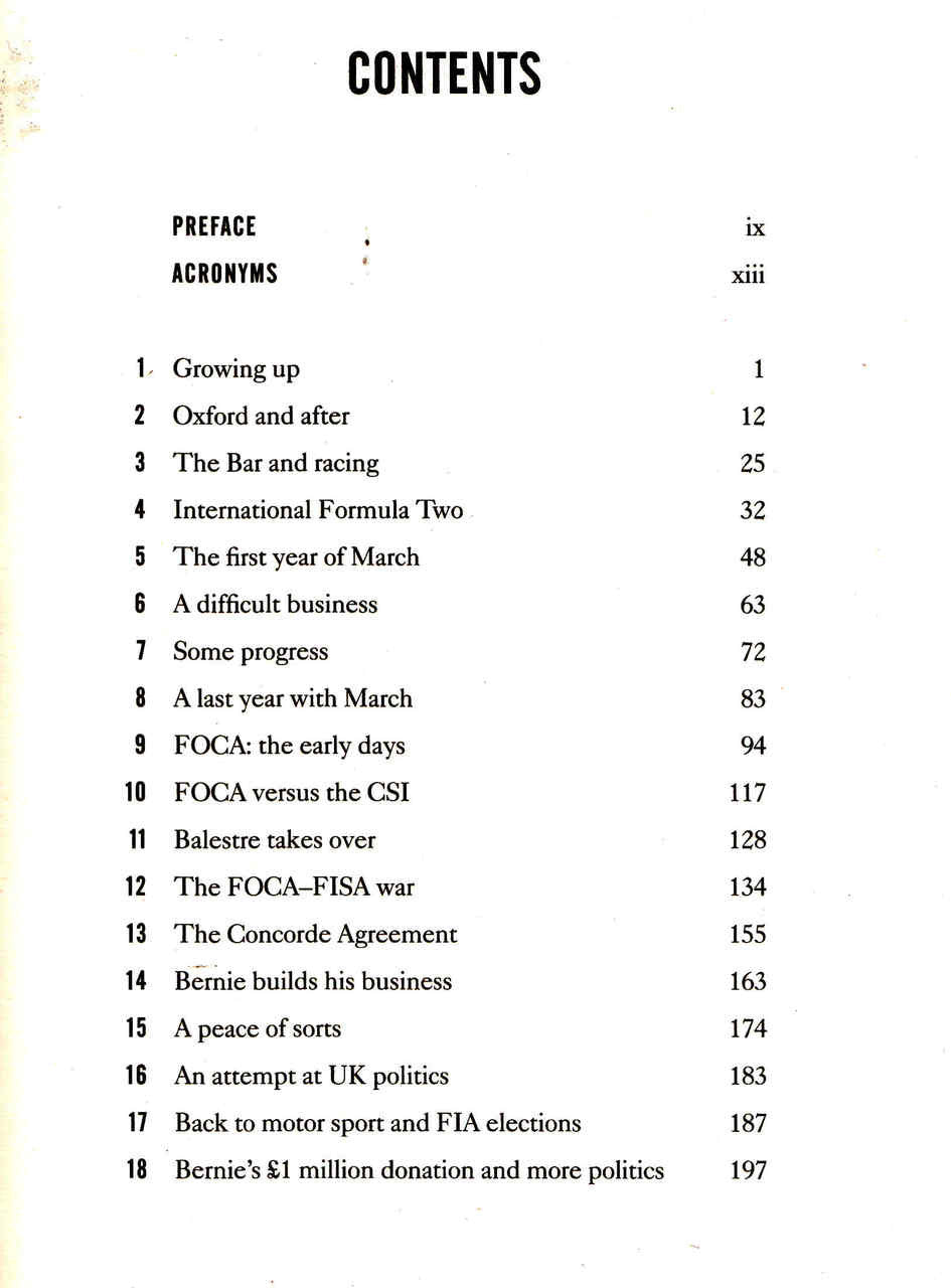 Autobiography book page with contents list and chapter numbers