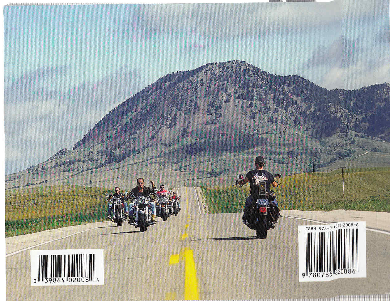 Encyclopedia book back cover with motorcycles on a road and barcodes
