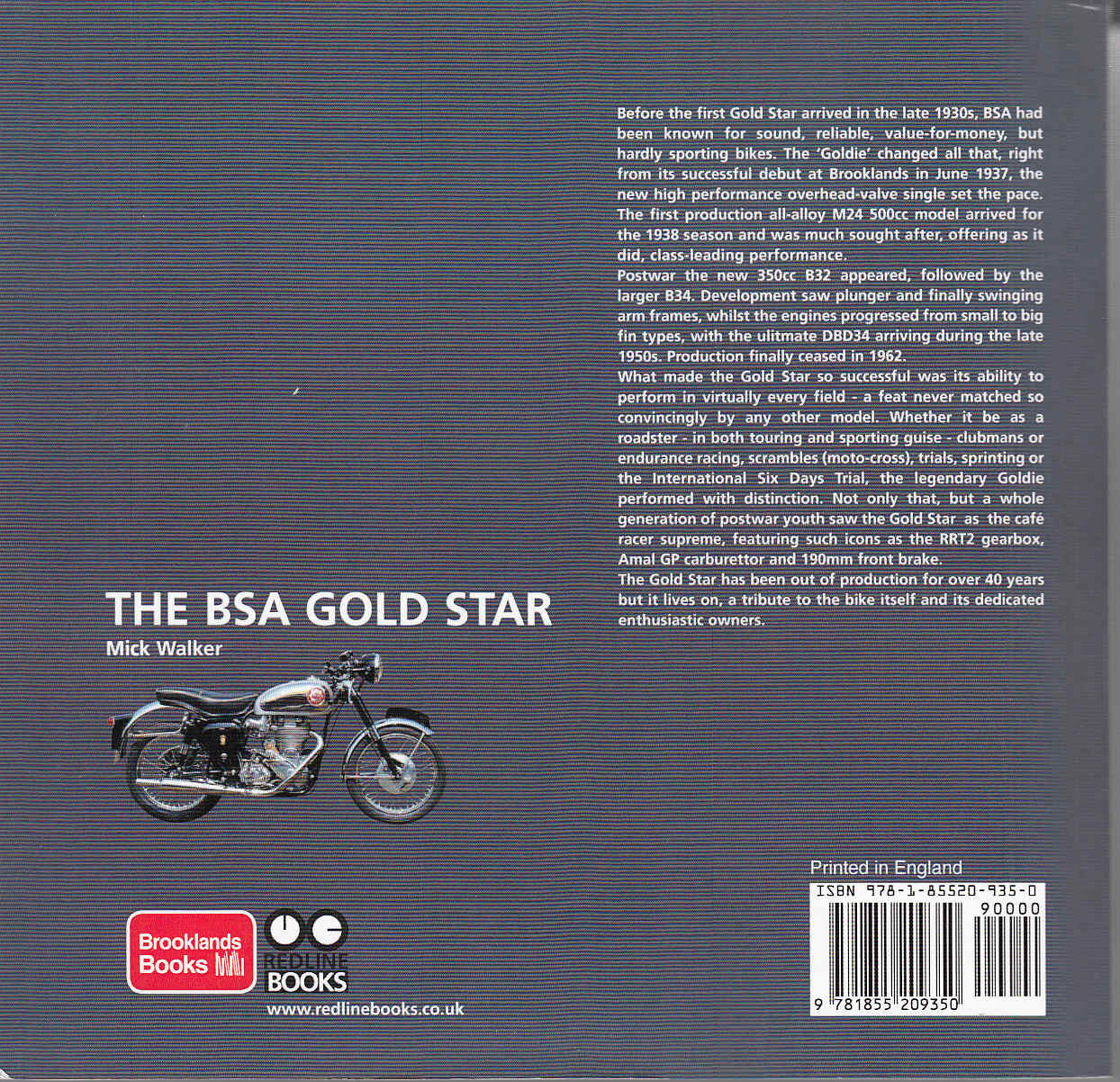 Softbound motorcycle history book, back cover with small bike photo and title text