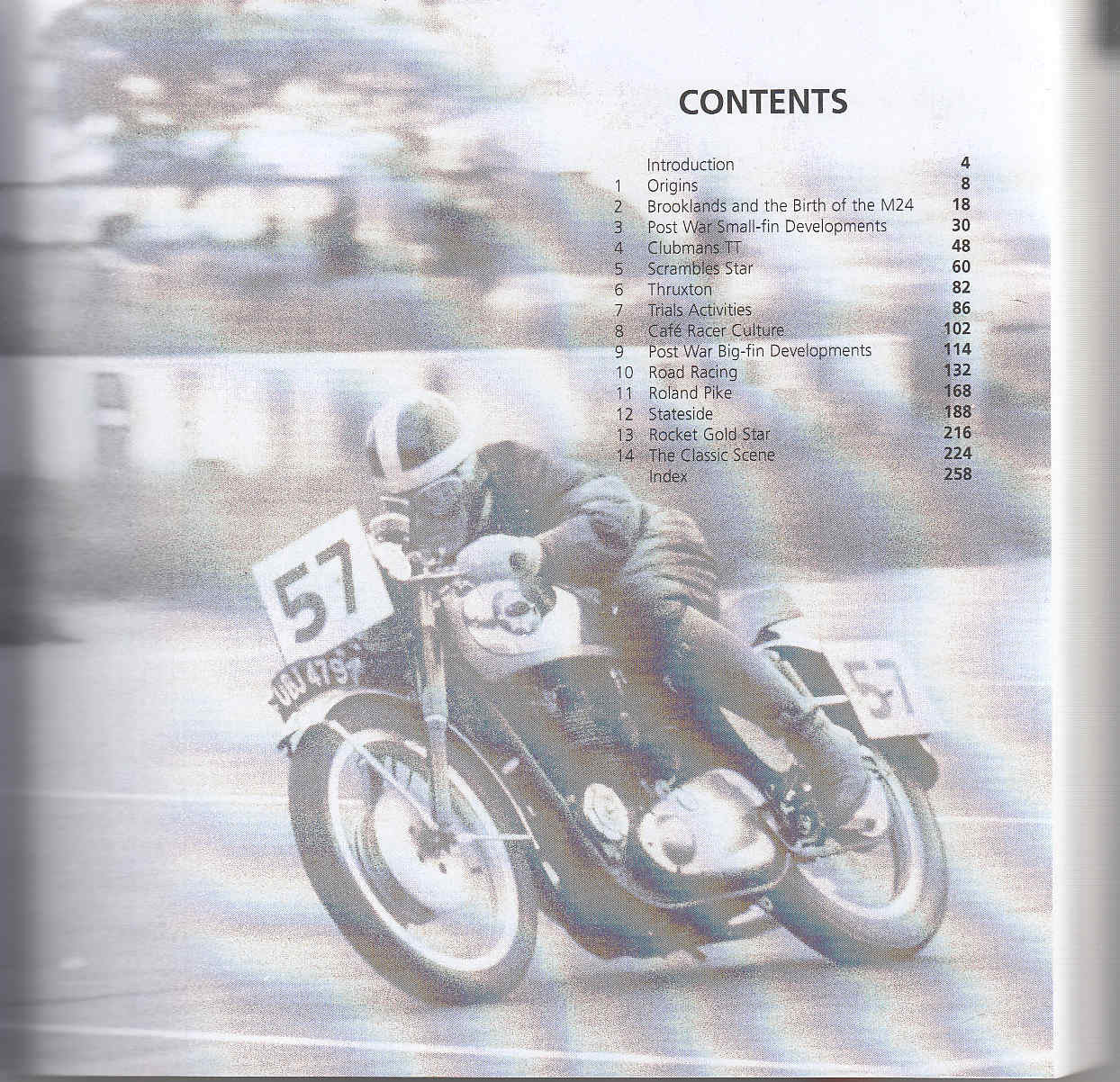 Softbound motorcycle history book, contents page with vintage bike photo