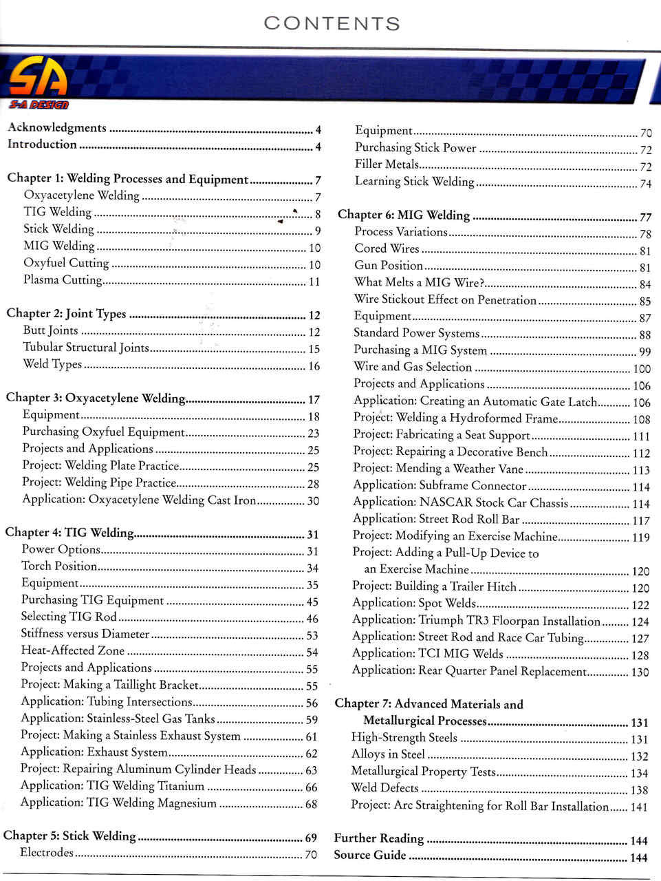 Welding guide contents page with section list under 'CONTENTS' heading