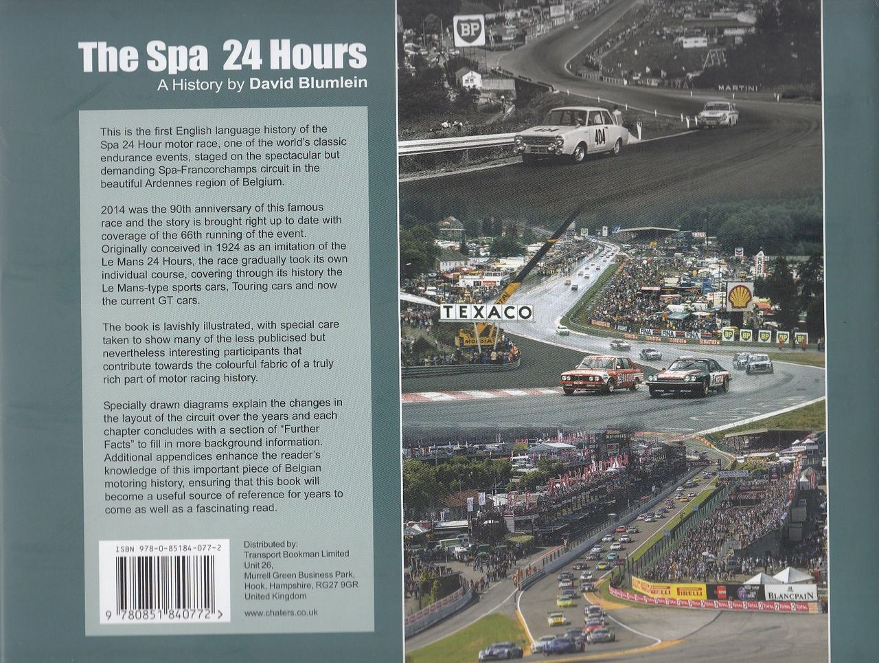Back cover of racing book with text block and aerial track photo with cars