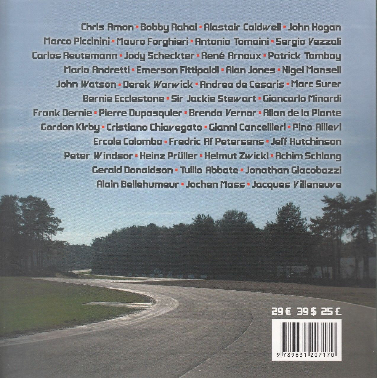 Motorsport biography book cover with driver names list and barcode