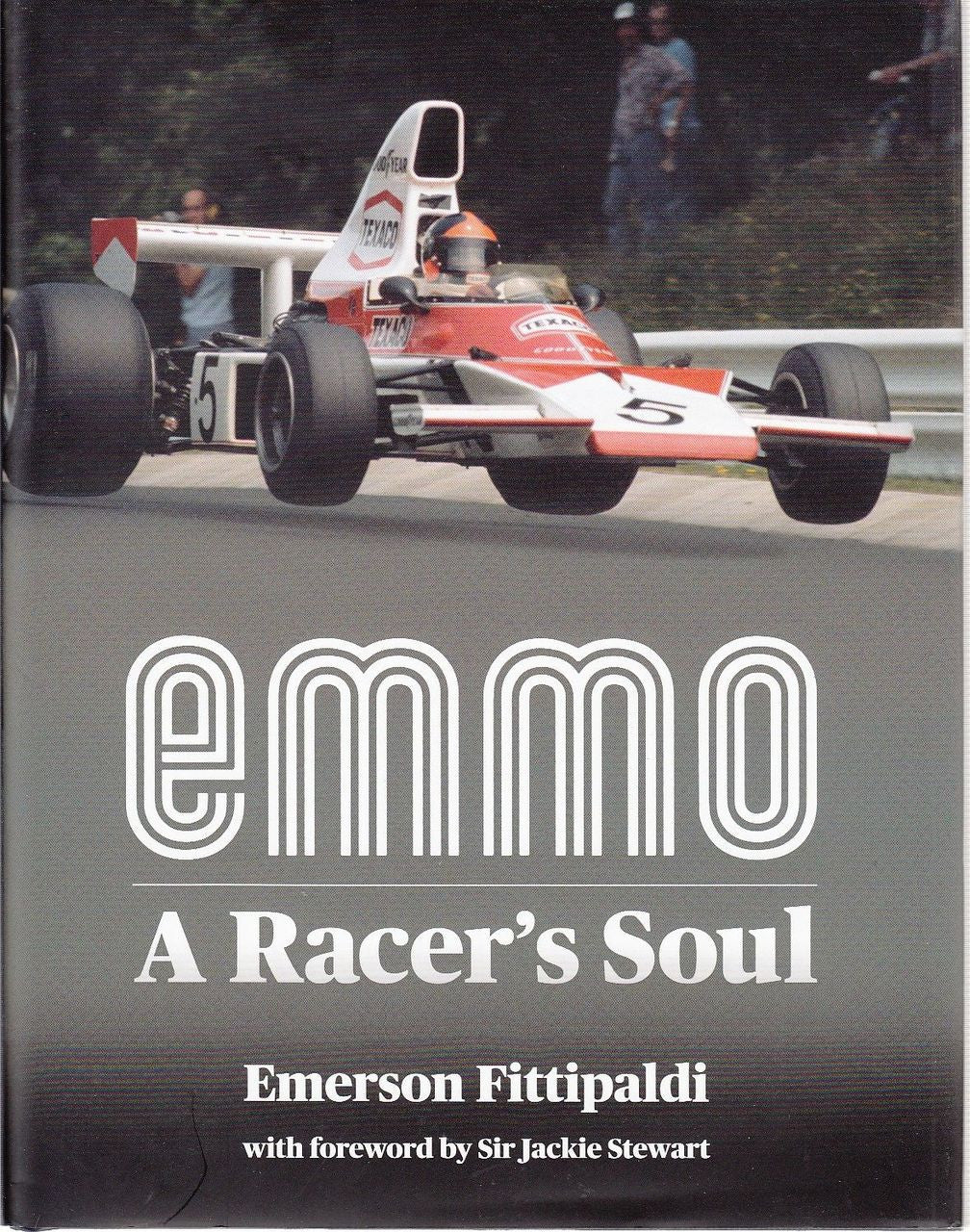Motor racing book cover with white-and-red open-wheel car and title Emerson Fittipaldi
