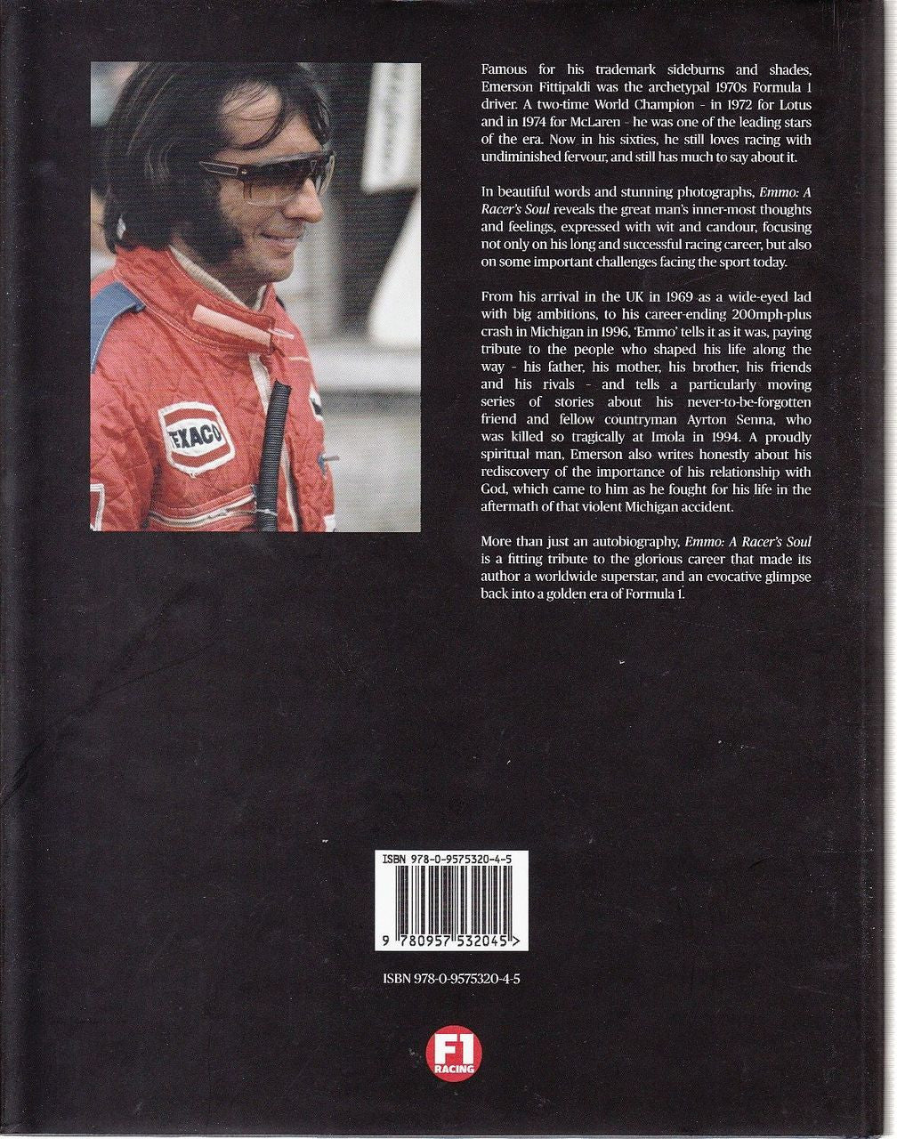 Motor racing book back cover with driver photo, biography text, and barcode