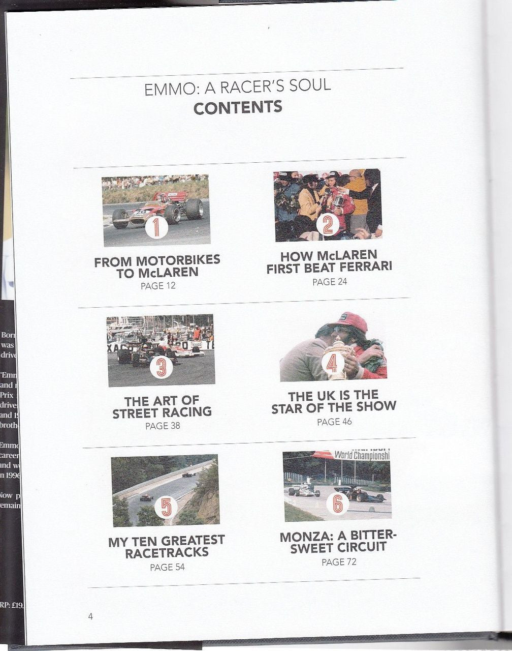 Motor racing book contents page titled CONTENTS with six thumbnail race photos