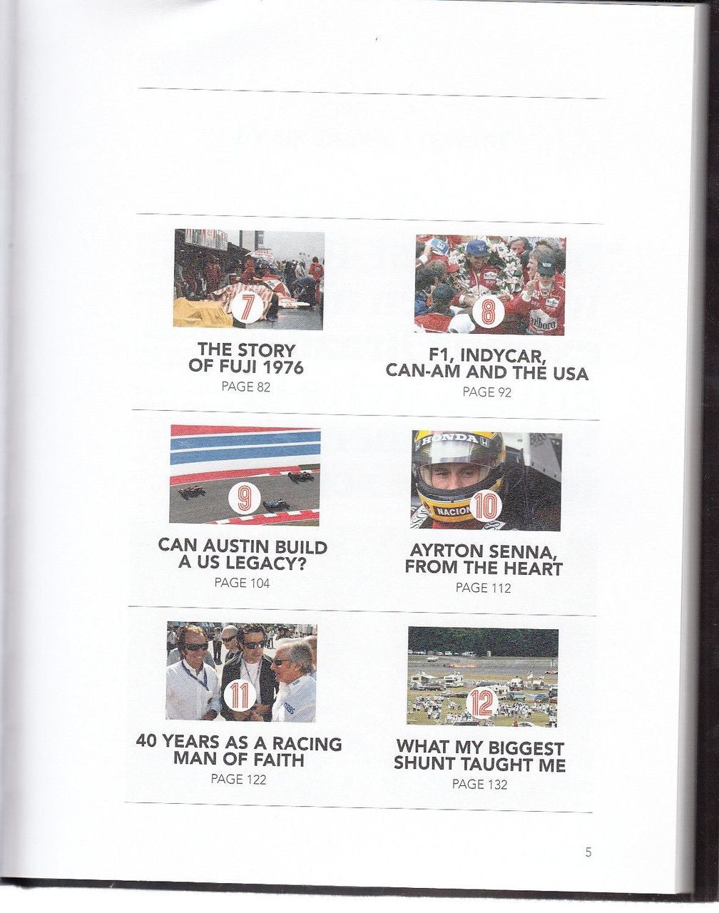 Motor racing book contents page with small race photo panels and chapter numbers