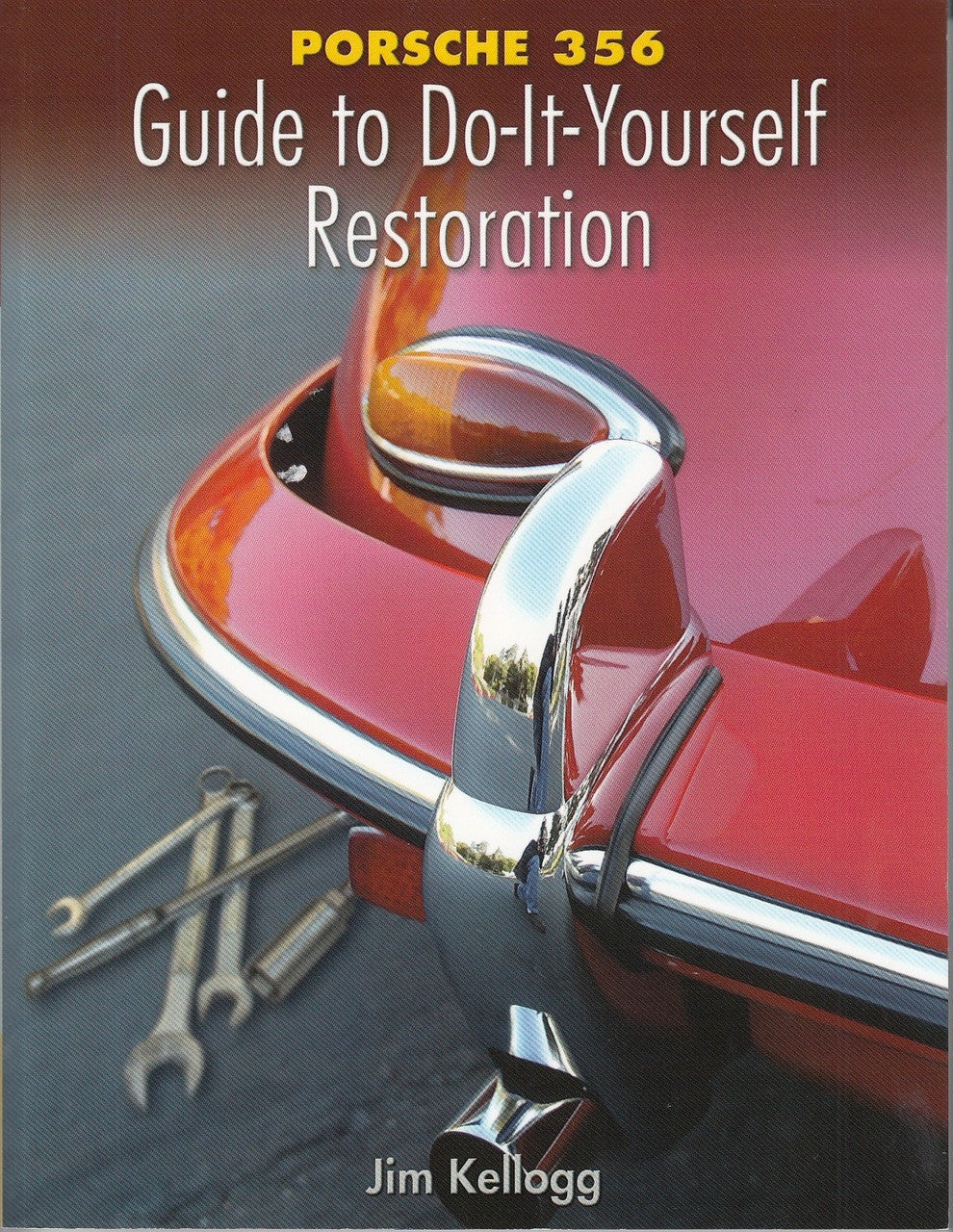 Porsche 356 DIY restoration guide book, front cover with chrome car detail and tools
