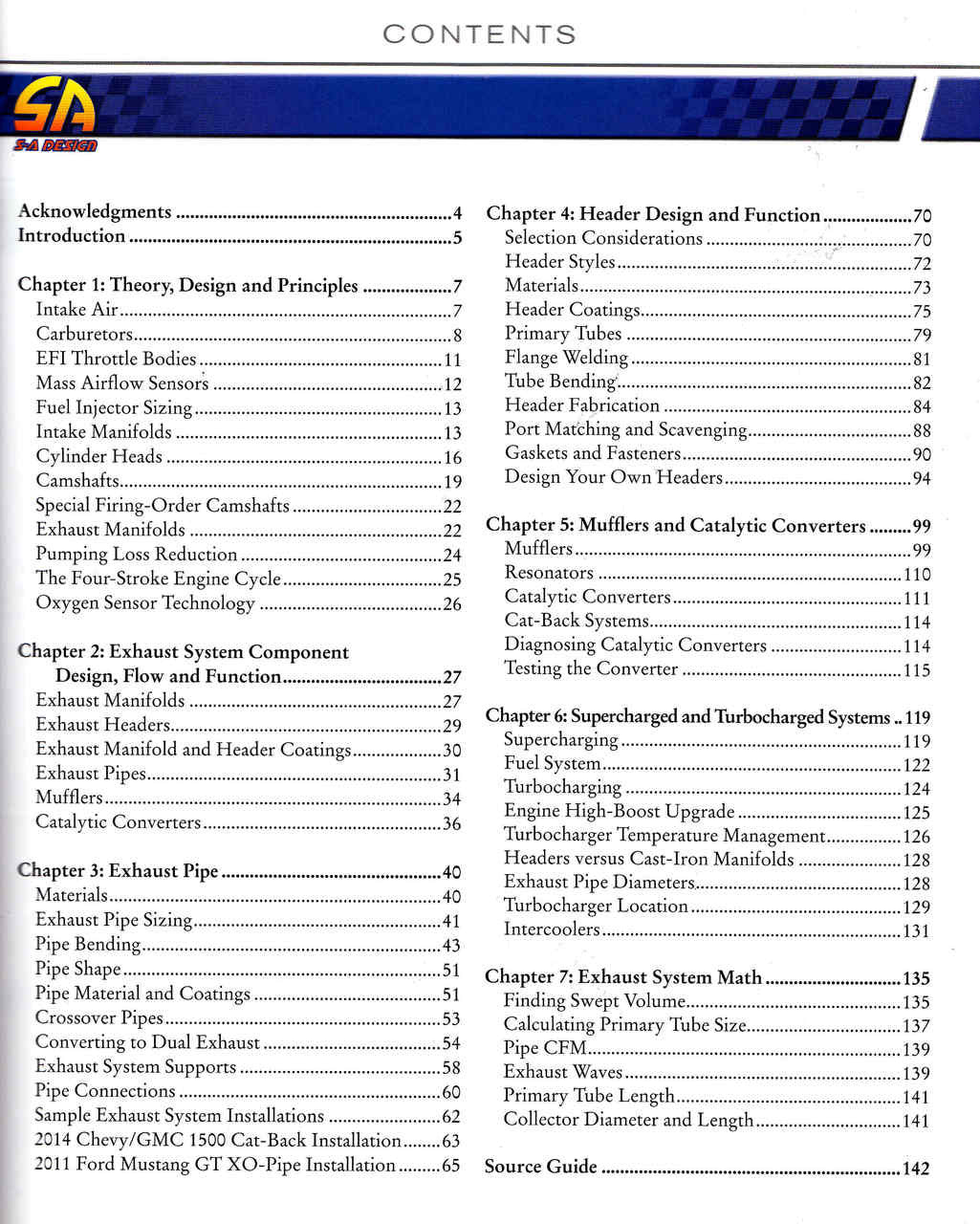Book contents page with chapter headings and page numbers.